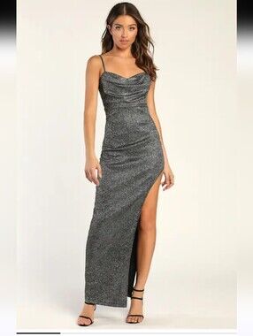 Lulu's | All Night Stunner Metallic Silver Cowl Neck Maxi Dress - Size L - NWT